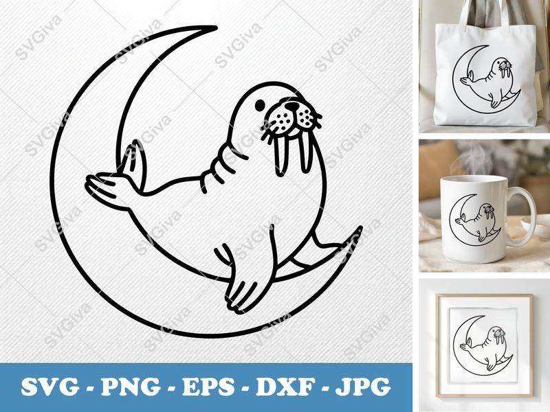 Walrus on Moon SVG | Lunar Animal PNG DXF EPS Cut File for Cricut Silhouette