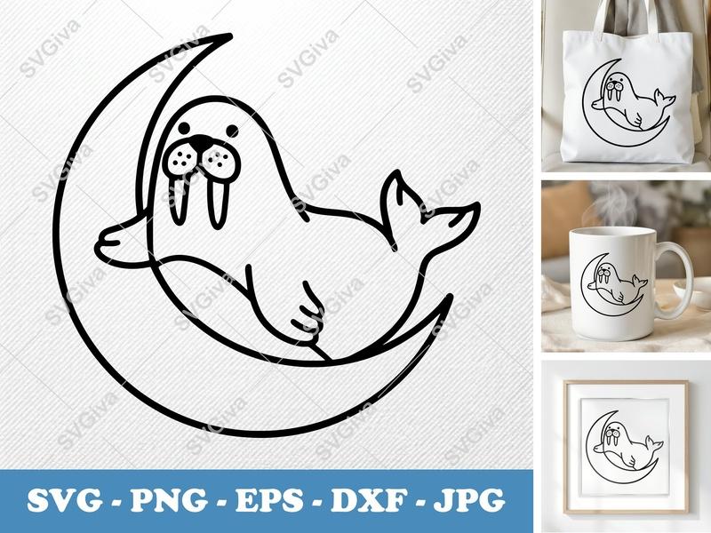 Walrus on Moon SVG | Puffy Soft Forms | PNG DXF EPS | Cricut Silhouette File
