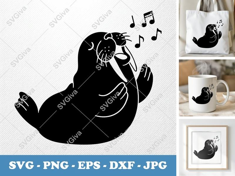 Walrus Singing SVG | Music Notes PNG EPS DXF | Cricut Silhouette Cut File | Modern Animal Clipart | Marine Life Vector