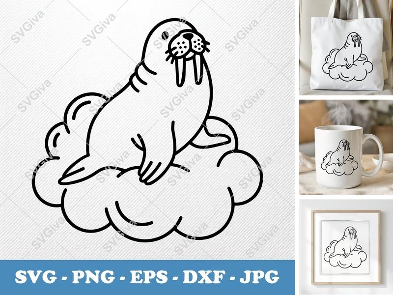Walrus Sitting on a Cloud SVG PNG DXF EPS | Cricut Silhouette Cut File | Animal Vector Art