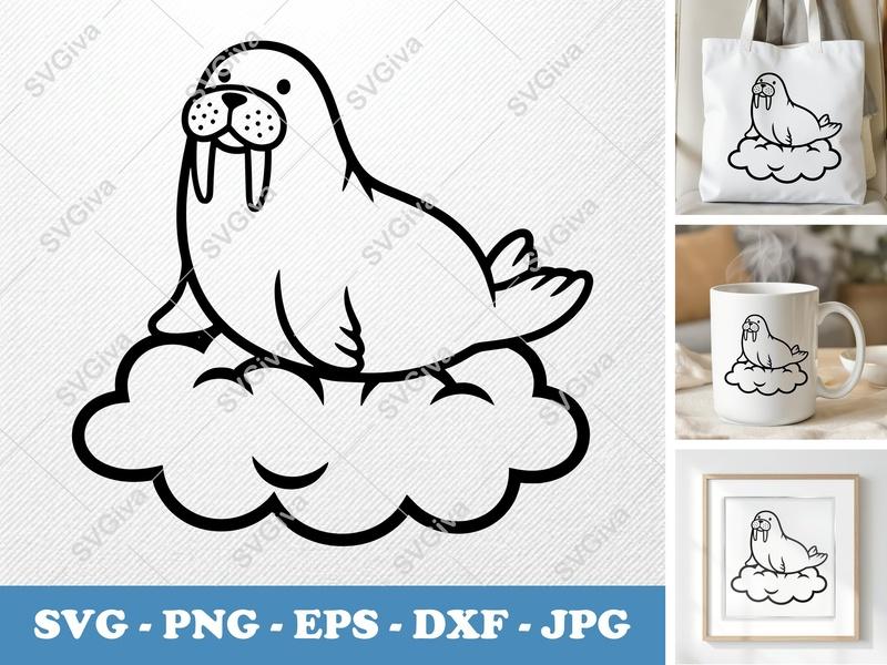 Walrus Sitting on Cloud SVG | Minimalist Cartoon Cut File | Bold Contour PNG DXF EPS for Cricut Silhouette