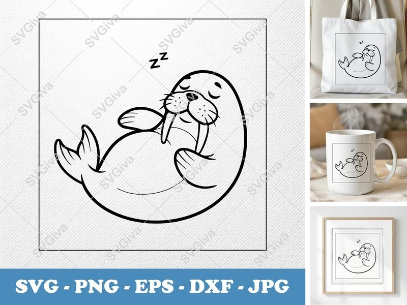 Walrus Sleeping SVG | Cute Animal Cut File | Zzz Walrus PNG, EPS, DXF for Cricut & Silhouette | Modern Design