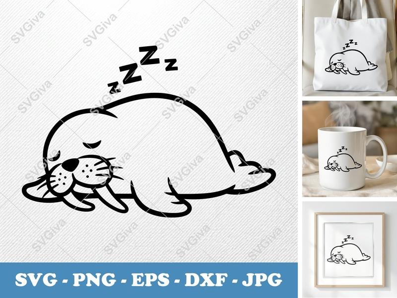 Walrus Sleeping SVG, Cute Walrus Zzz, Animal Cut File, PNG EPS DXF | Cricut Silhouette Design, Modern Wildlife Clipart