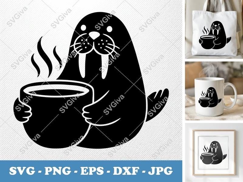 Walrus SVG, Coffee Walrus Cut File, Cute Animal with Coffee Mug | PNG EPS DXF for Cricut Silhouette