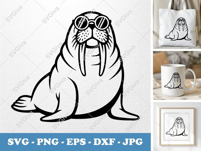 Walrus SVG, Cool Walrus with Sunglasses Cut File, PNG EPS DXF | Cricut & Silhouette Design, Animal Clipart