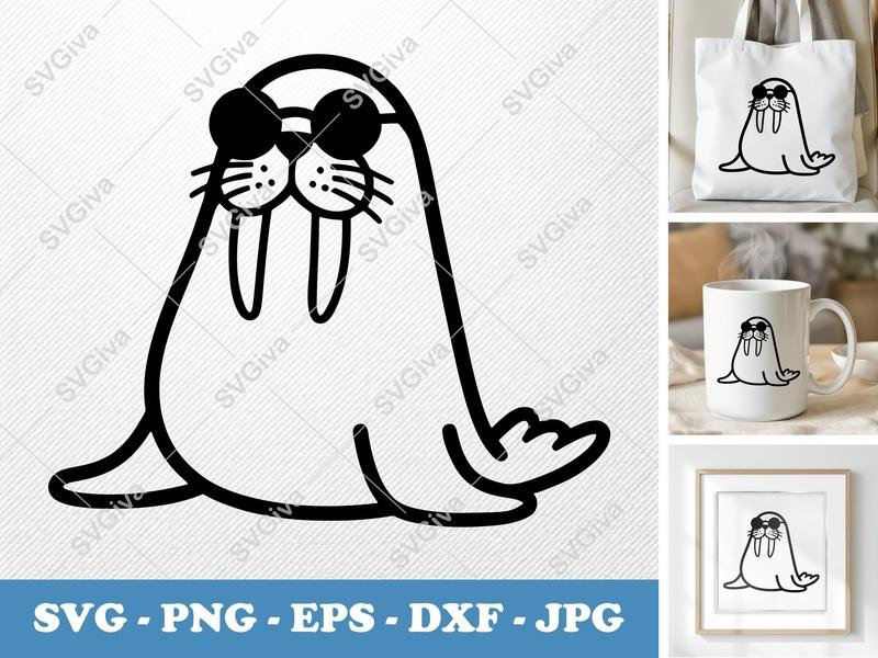 Walrus SVG, Cool Walrus with Sunglasses Cut File | PNG EPS DXF | Cricut Silhouette Design | Modern Animal Clipart