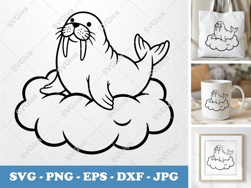 Walrus SVG Cut File | Modern Cartoon Walrus on Cloud | PNG EPS DXF for Cricut & Silhouette