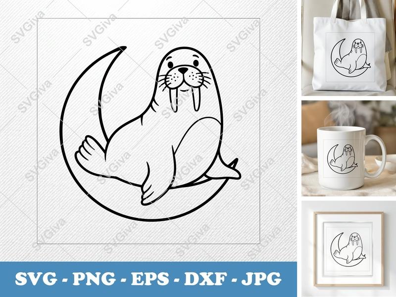 Walrus SVG Cut File | Modern Walrus on Moon Line Art | PNG, EPS, DXF for Cricut & Silhouette | Cute Animal Vector