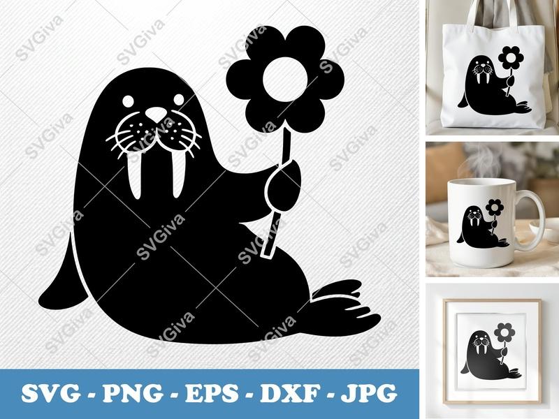 Walrus SVG Cut File, Modern Walrus with Flower, Cricut | Silhouette | PNG | EPS | DXF, Animal Clipart Vector Art