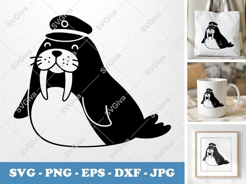 Walrus SVG, Cute Captain Hat Walrus Cut File, Modern Sea Animal PNG, EPS, DXF for Cricut | Silhouette Design