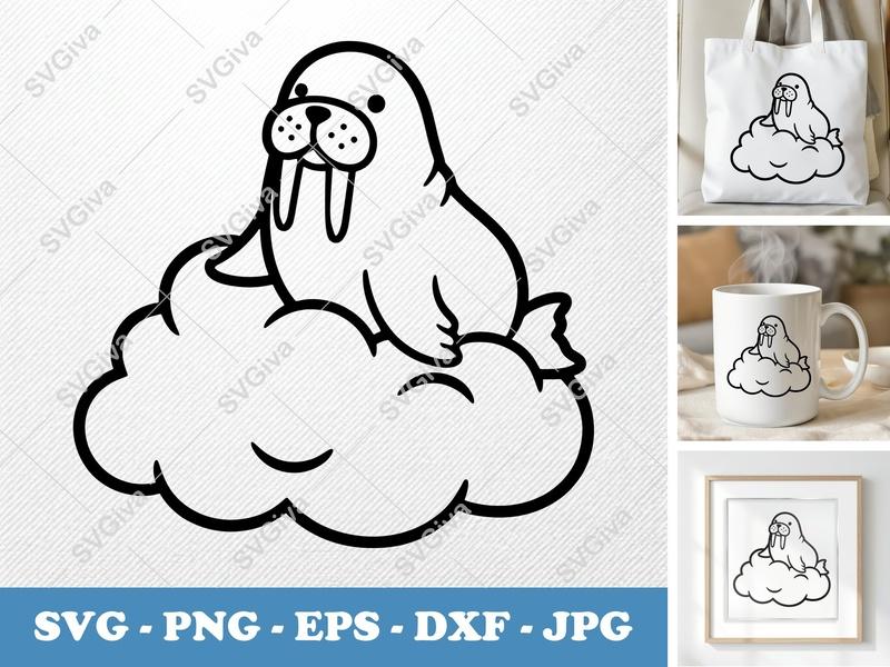Walrus SVG | Cute Cartoon Walrus on Cloud Clipart | PNG EPS DXF | Cricut Silhouette File, Animal Cut Design