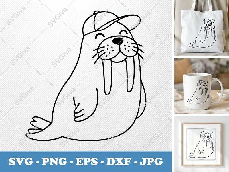 Walrus SVG, Cute Cartoon Walrus with Baseball Cap, Modern Clean Line Art, PNG EPS DXF for Cricut & Silhouette