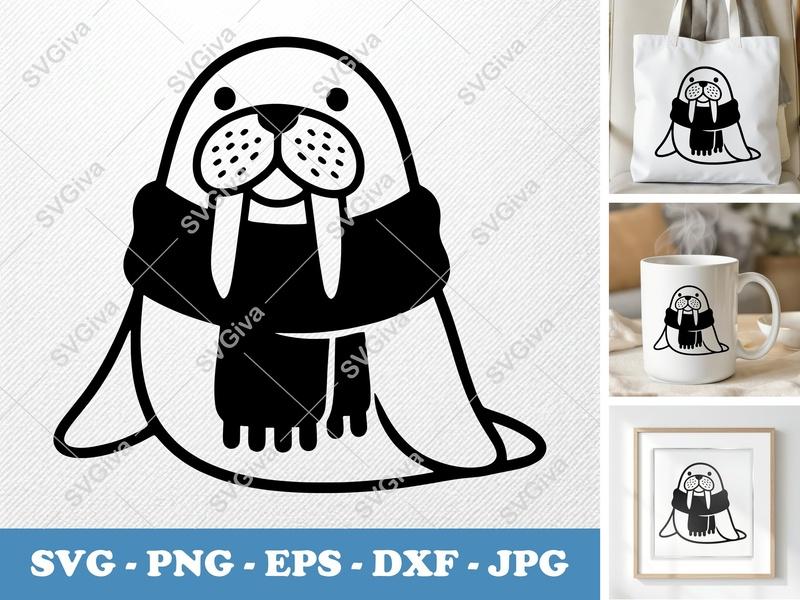 Walrus SVG | Cute Cartoon Walrus with Scarf PNG EPS DXF | Cricut Silhouette Cut File | Modern Animal Clipart