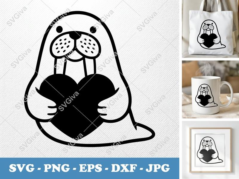 Walrus SVG, Cute Heart Walrus Cut File, Modern Animal Clipart | PNG EPS DXF for Cricut, Silhouette
