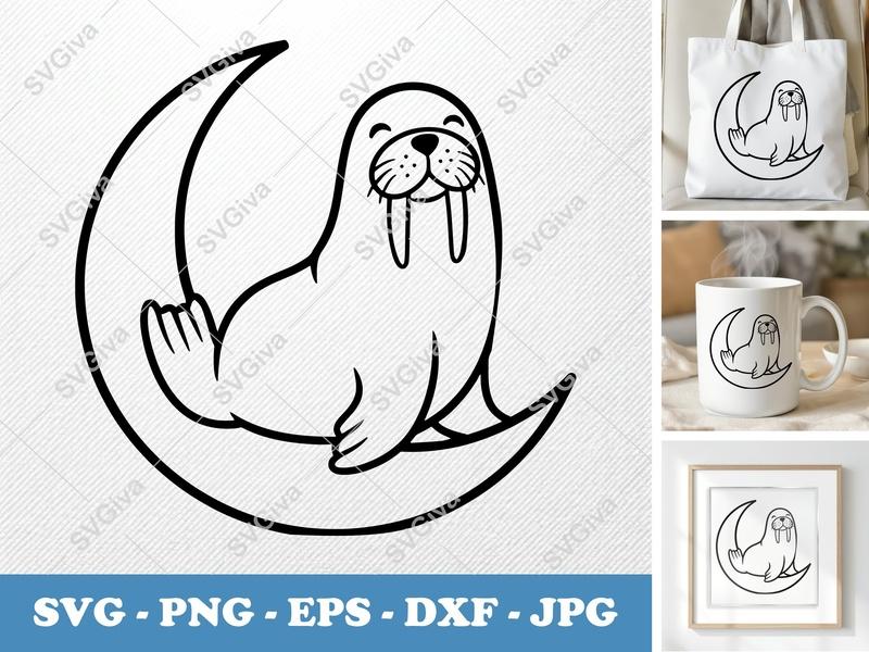 Walrus SVG, Cute Moon Animal Clip Art, Happy Walrus on Crescent Moon | PNG EPS DXF for Cricut, Silhouette