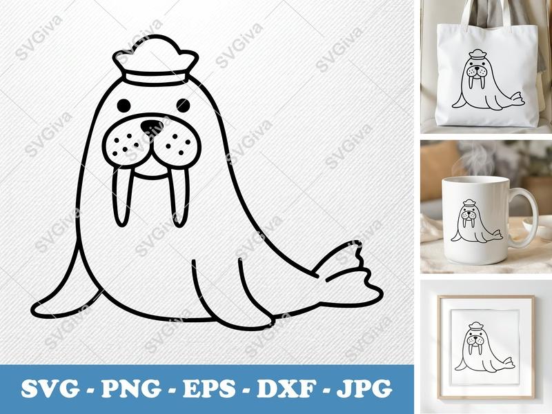 Walrus SVG, Cute Sailor Walrus Clipart, Cartoon Animal Cut File for Cricut | PNG EPS DXF Silhouette
