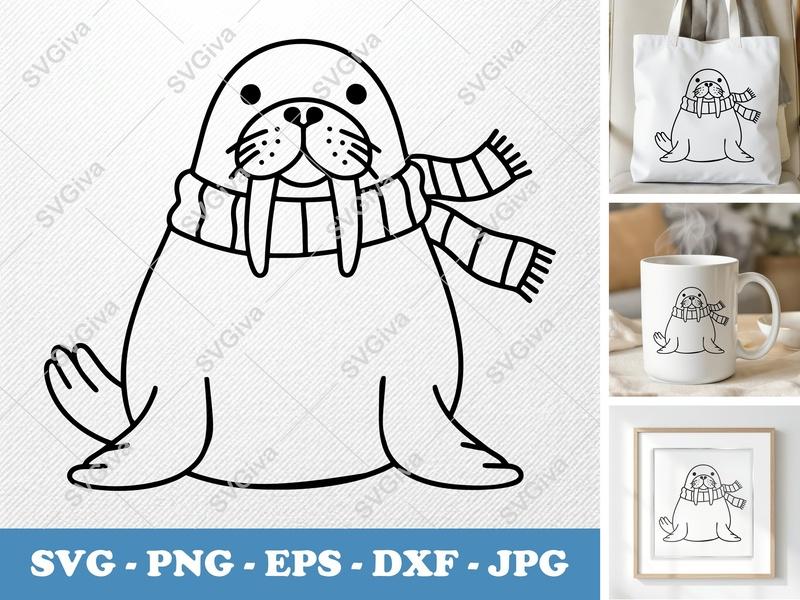 Walrus SVG, Cute Scarf Walrus Clipart | PNG EPS DXF | Cricut Silhouette Cut File, Winter Animal Design
