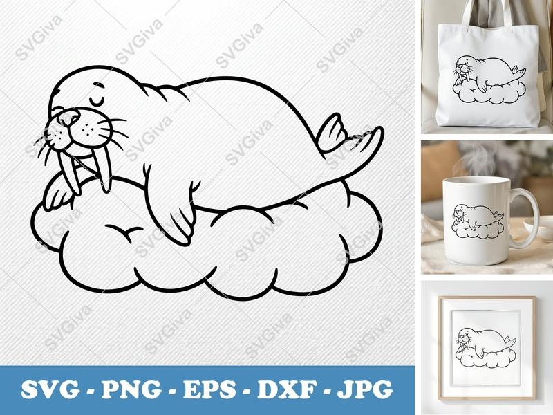 Walrus SVG | Cute Sleeping Walrus on Cloud | PNG EPS DXF | Cricut Silhouette File, Animal Clipart, Digital Download