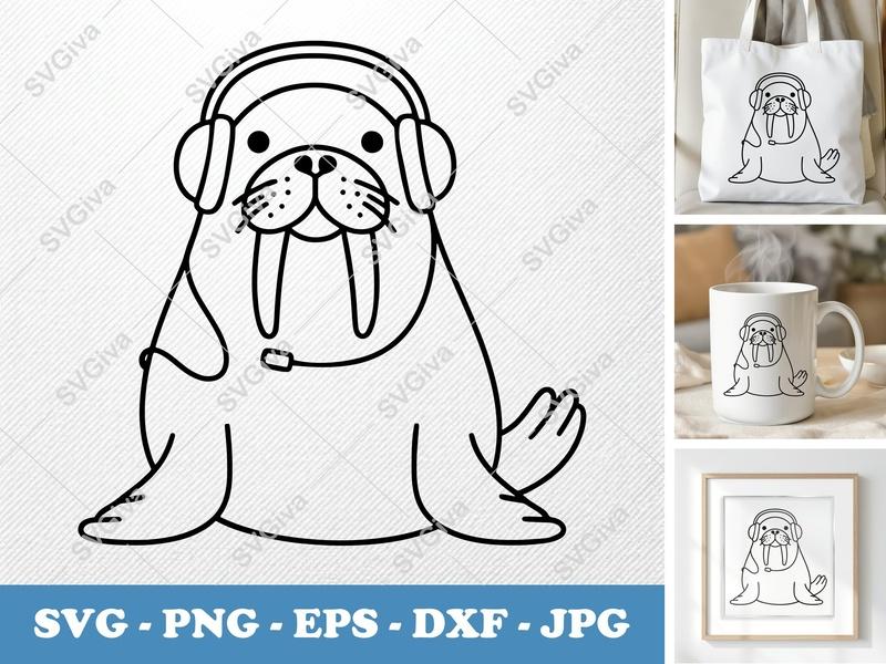 Walrus SVG, Cute Walrus Headphone Cut File, Modern Animal Clipart | PNG EPS DXF | Cricut Silhouette Ready