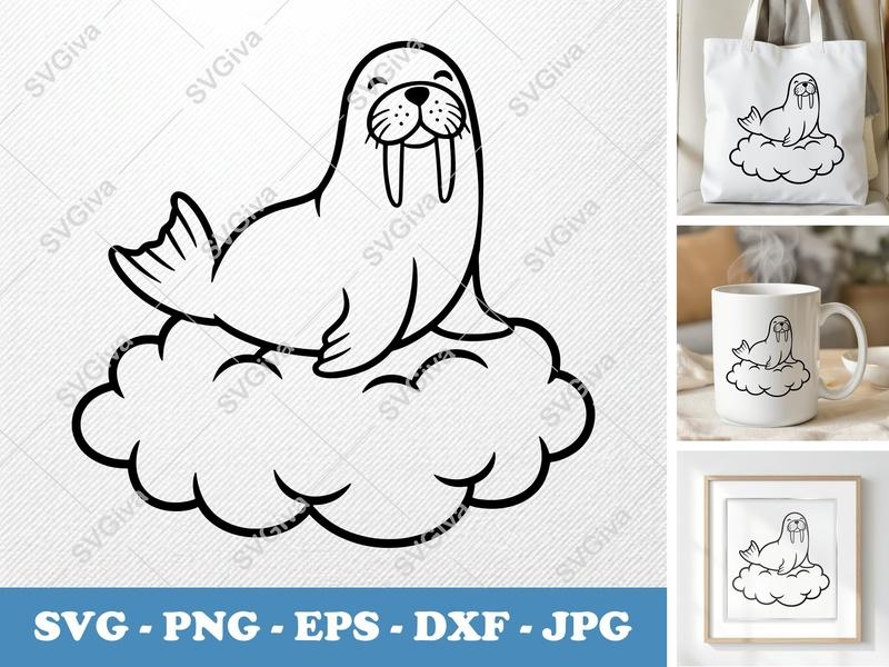 Walrus SVG, Cute Walrus on Cloud, Cartoon Animal Cut File for Cricut, Silhouette | PNG EPS DXF Vector Clipart