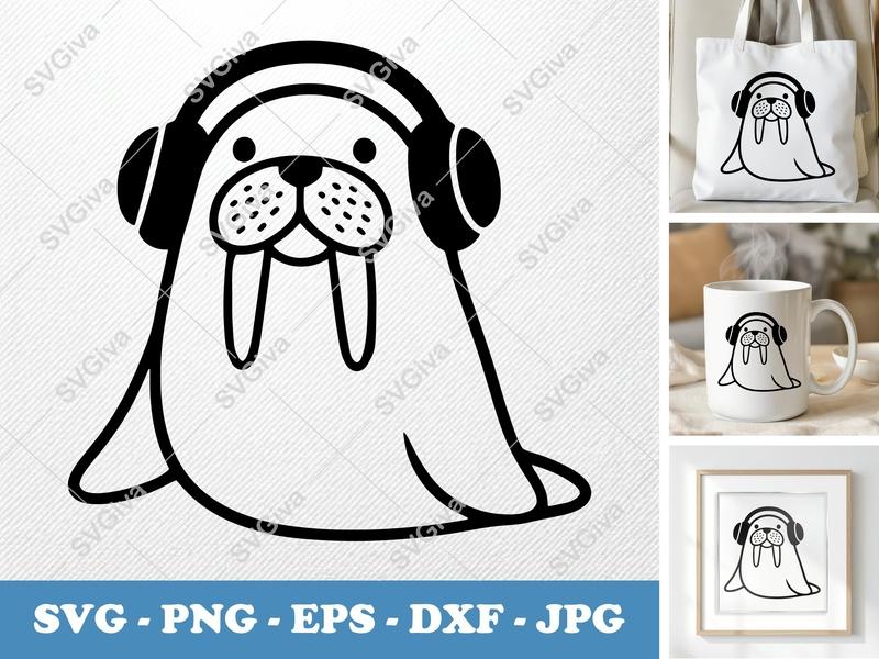 Walrus SVG, Cute Walrus with Headphones Cut File, Cartoon Animal, Digital Download | PNG EPS DXF for Cricut Silhouette