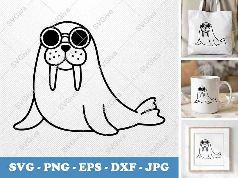 Walrus SVG, Cute Walrus with Sunglasses, Modern Animal Clip Art, PNG EPS DXF | Cricut & Silhouette Cut File