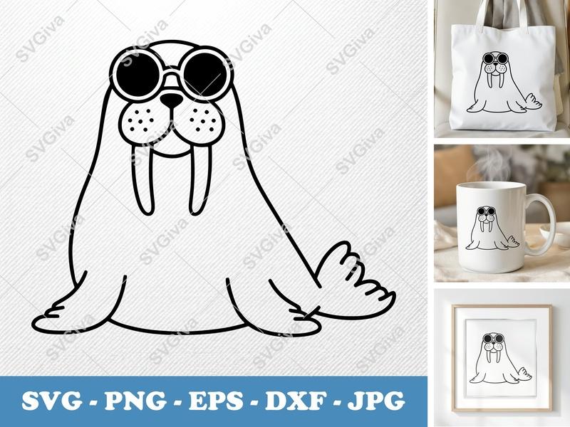 Walrus SVG, Cute Walrus with Sunglasses, Modern Clean Design | PNG EPS DXF for Cricut Silhouette