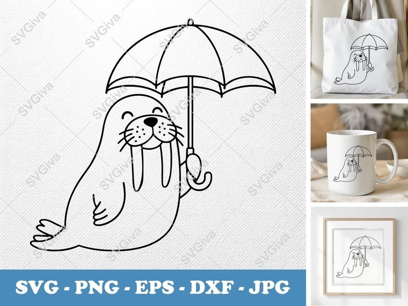 Walrus SVG | Cute Walrus with Umbrella PNG EPS DXF | Cartoon Animal Cut File for Cricut, Silhouette | Modern Kids Design