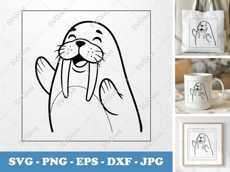 Walrus SVG | Happy Cartoon Walrus Cut File | Modern Design | PNG EPS DXF for Cricut & Silhouette | Animal Clipart Vector