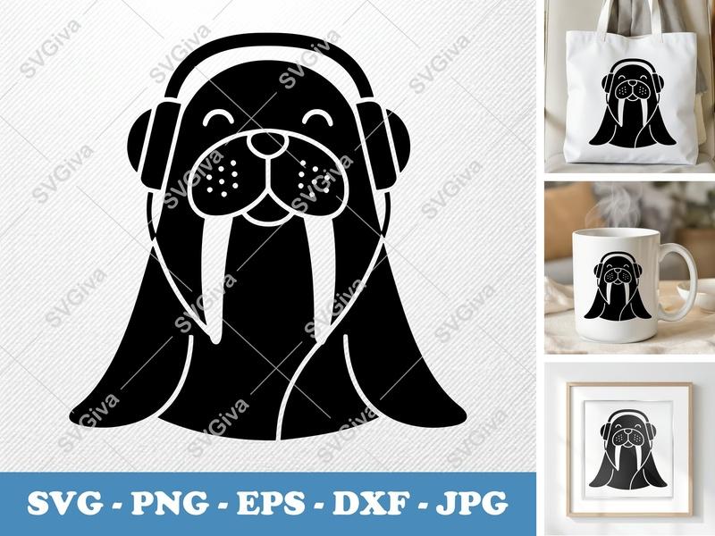 Walrus SVG, Headphone Walrus Cut File, Modern Animal Clip Art | PNG EPS DXF | Cricut Silhouette File