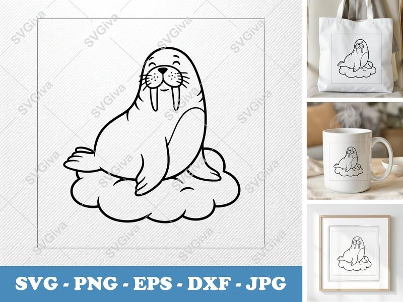 Walrus SVG | Modern Cartoon Walrus Cut File, Cute Animal PNG EPS DXF for Cricut & Silhouette, Digital Download