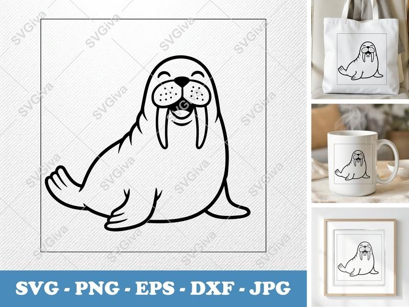 Walrus SVG | Modern Cartoon Walrus Cut File | Happy Walrus PNG EPS DXF for Cricut & Silhouette