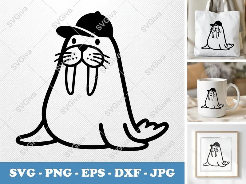 Walrus SVG, Modern Cartoon Walrus with Hat, Cute Animal Cut File | PNG EPS DXF for Cricut Silhouette