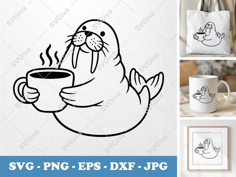 Walrus SVG, Modern Clean Coffee Mug Walrus Cut File | PNG EPS DXF | Cricut Silhouette Design