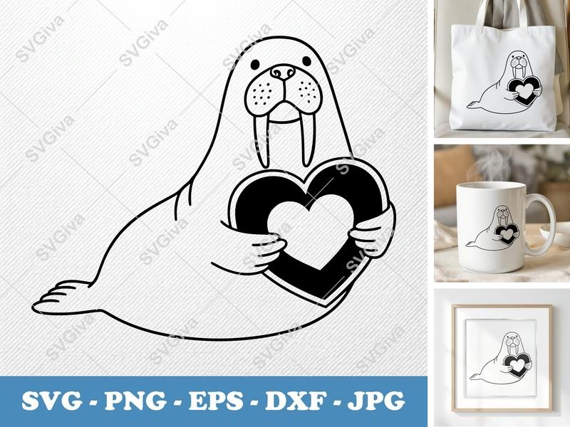 Walrus SVG, Modern Clean Walrus with Heart, Animal Valentine, SVG PNG EPS DXF, Cricut Silhouette Cut File, Love Clipart