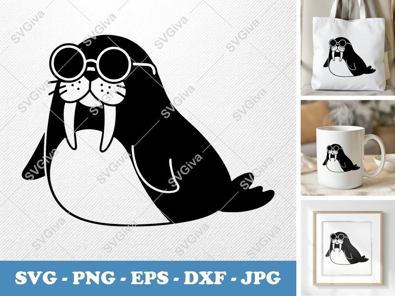 Walrus SVG, Modern Walrus with Glasses, Cute Cartoon Animal | PNG EPS DXF for Cricut, Silhouette