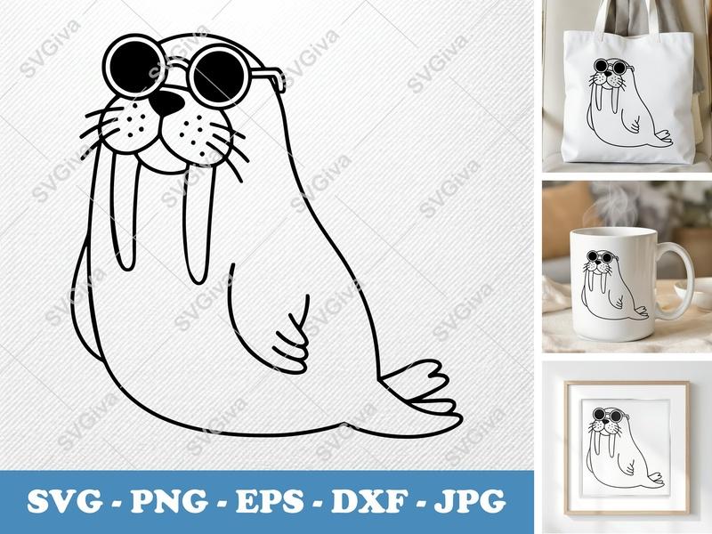 Walrus SVG, Modern Walrus with Sunglasses Cut File | PNG EPS DXF | Cricut Silhouette Design | Animal Clipart | Cartoon Vector
