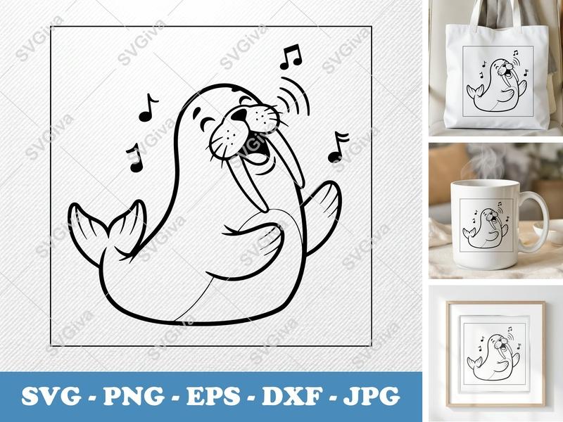 Walrus SVG, Singing Walrus Cut File, Happy Music Animal Clipart | PNG EPS DXF for Cricut, Silhouette