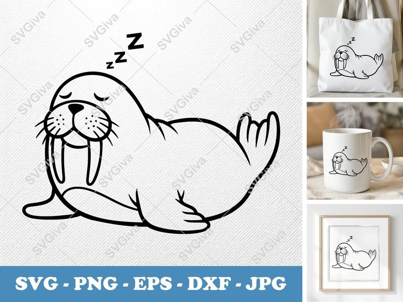 Walrus SVG | Sleeping Walrus Cut File | Cute Animal Clip Art | PNG EPS DXF for Cricut, Silhouette, Vinyl