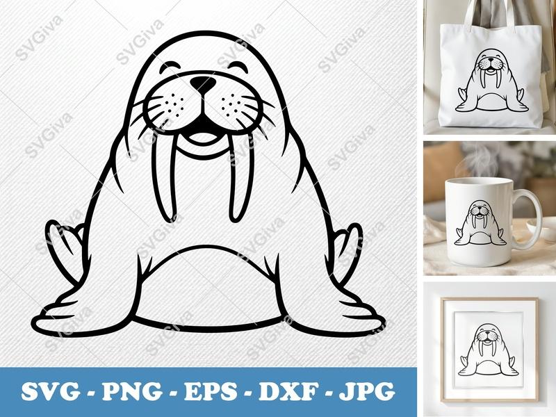 Walrus SVG, Smiling Happily, Friendly Bean-shaped Rounded Design | PNG DXF EPS | Cricut Silhouette Cut File
