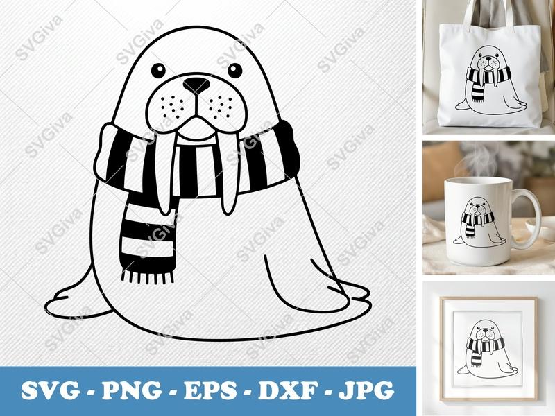 Walrus SVG, Wearing Scarf, Friendly Bean-Shaped Cut File | PNG DXF EPS | Cricut Silhouette Design