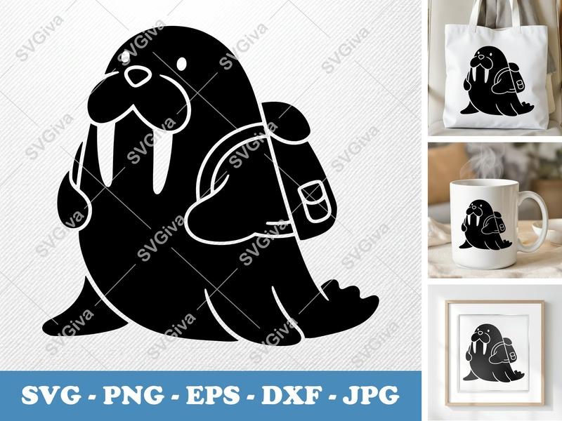 Walrus Wearing Backpack SVG, Puffy Inflatable Walrus Cut File | Cricut Silhouette | PNG, DXF, EPS