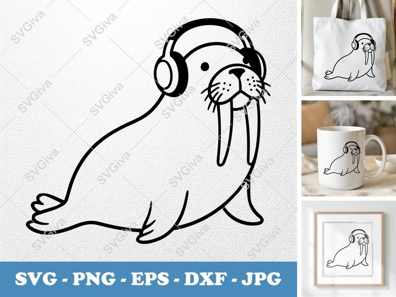 Walrus Wearing Headphones SVG | Minimalist Character Cut File | Bold Outline Design | PNG DXF EPS | Cricut Silhouette