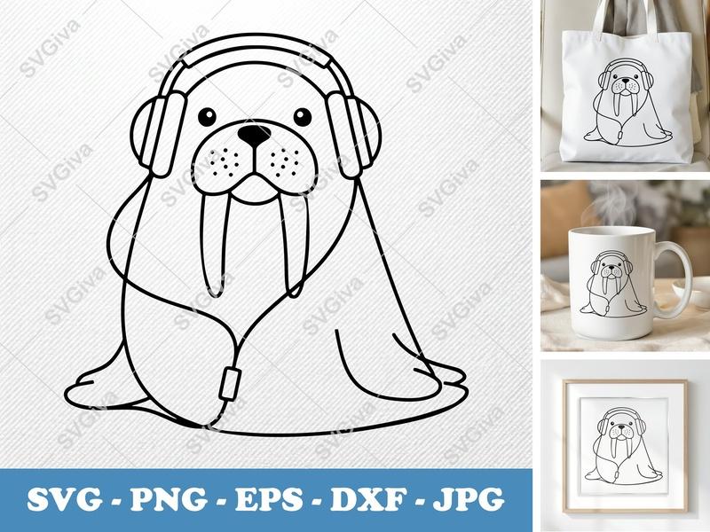Walrus wearing headphones SVG | Rounded Bean-Shaped Cut File | Friendly Animal Art PNG DXF EPS for Cricut Silhouette