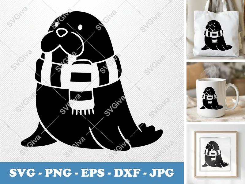 Walrus Wearing Scarf SVG | Puffy, Soft Shapes | Cricut, Silhouette | PNG DXF EPS Cut File