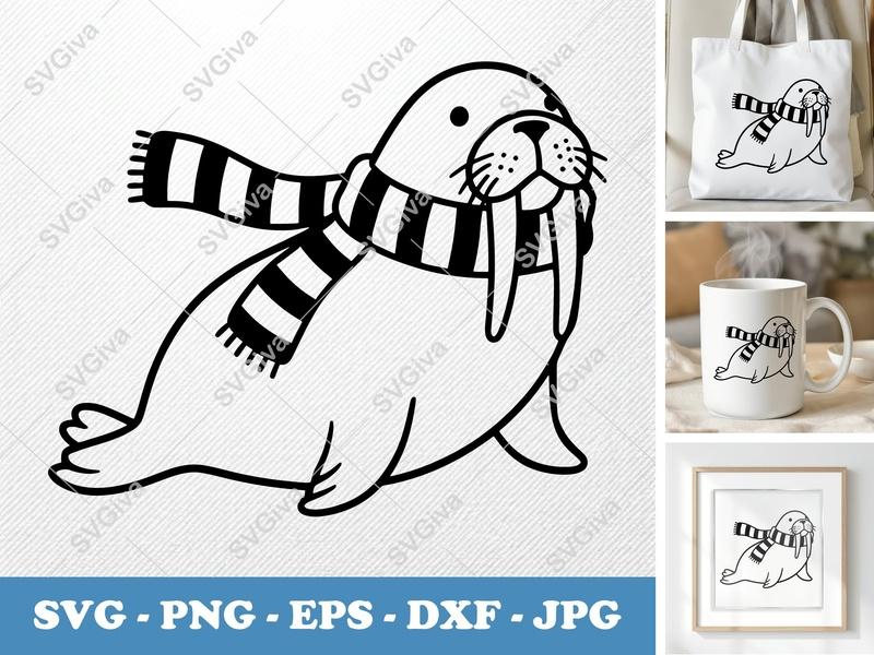 Walrus Wearing Scarf SVG | Simple Cartoon Style | Bold Clean Outline | PNG DXF EPS | Cricut Silhouette File