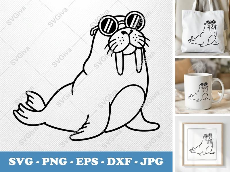 Walrus Wearing Sunglasses SVG | Friendly Bean-Shaped Rounded Design | PNG DXF EPS | Cricut Silhouette File