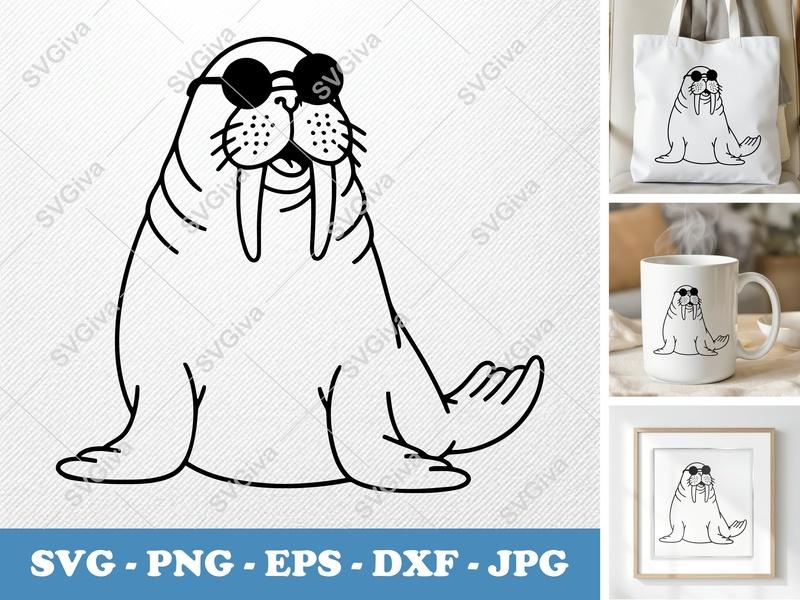 Walrus Wearing Sunglasses SVG | Minimalist Bold Contour Cut File | PNG DXF EPS | Cricut Silhouette Design