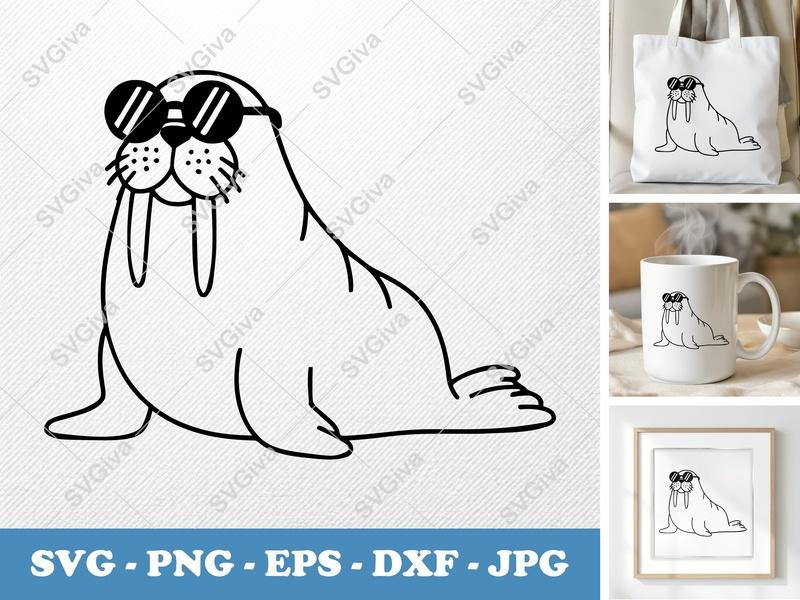 Walrus Wearing Sunglasses SVG | Minimalist Character Design | Bold Contour PNG DXF EPS | Cricut Silhouette File