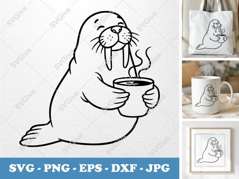 Walrus with Coffee Cup SVG | PNG DXF EPS Cut File for Cricut Silhouette